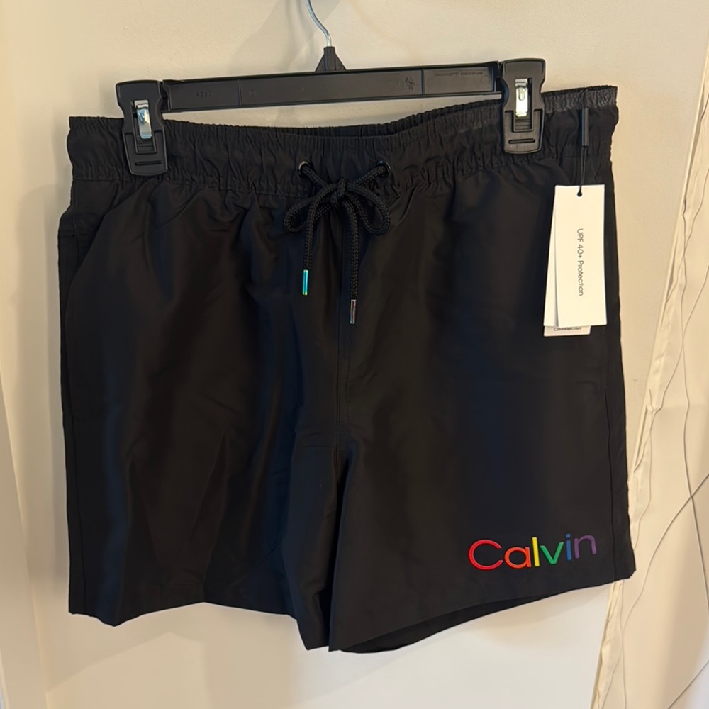 NWT Calvin Klein Black Swim Trunks with Multicolor Logo